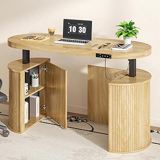 Mid Century Modern Electric Standing Desk with Storage, 55 x 22 Inch Small Sit Stand Up Desk, Wood Adjustable Height Computer Executive Desk for Home Office, Laptop, Oak
