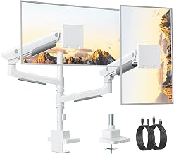 monTEK Dual Ultrawide Monitor Arm for 17-57" Screens, USB, White | USB-A/C ports, pneumatic lift, quick-release VESA 75/100 plates, clamp/grommet bases and hidden cable routing